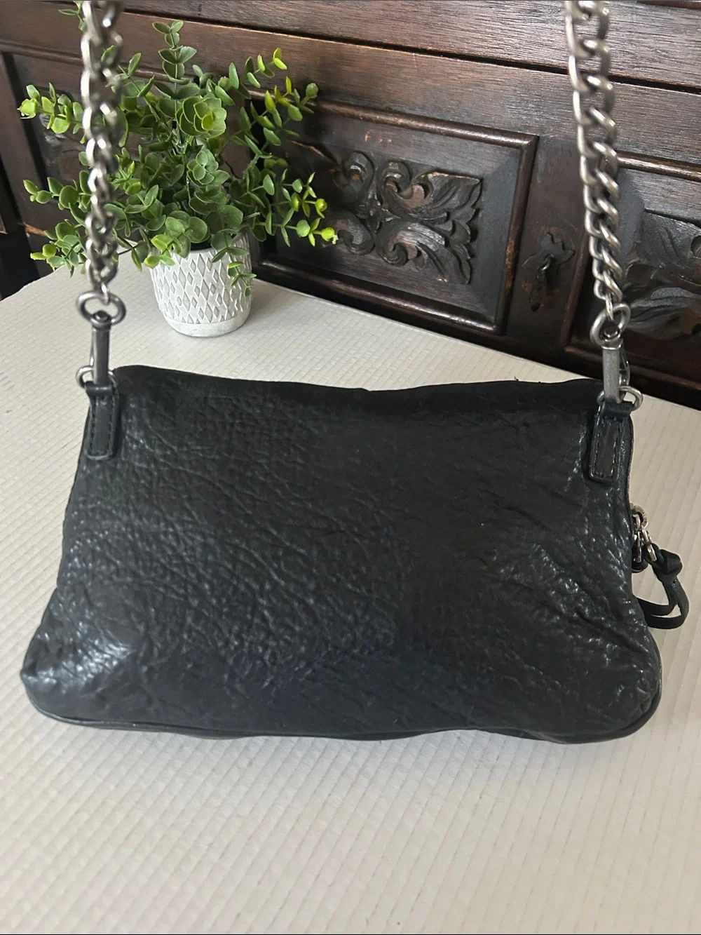 Treasure & Bond Black Leather triple -Zip Crossbody with Chain Tassel